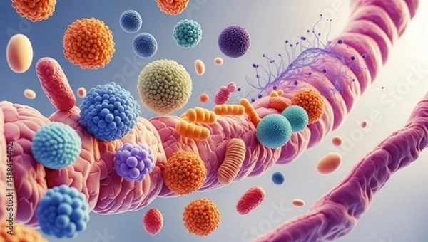 Fototapeta Picture of intestinal microbes. Microbiota regulate both immune function and digestive processes in the gut. Supportive microorganisms contribute to the establishment of a robust gut flora.