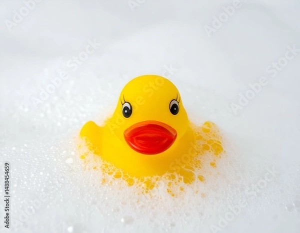 Fototapeta Yellow rubber duck in bubbly bathwater.  Perfect for blogs, websites, and kids' products.