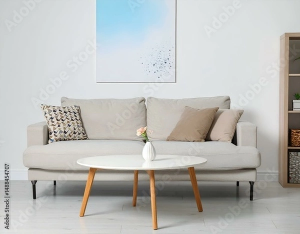 Fototapeta Modern living room interior design with beige sofa, white coffee table, and abstract art.