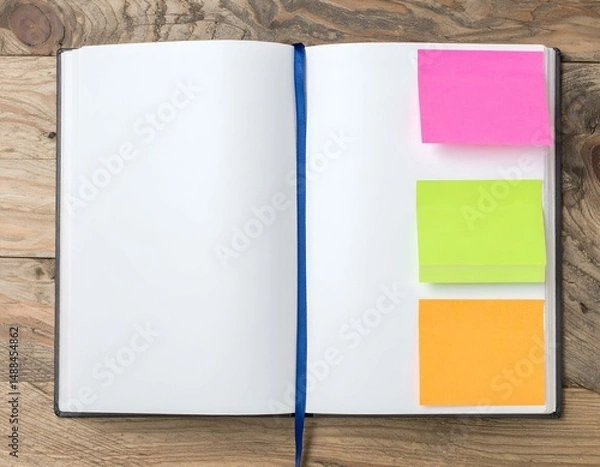 Fototapeta Open notebook with colorful sticky notes on rustic wooden background. Perfect for planning, reminders, or note-taking concepts.