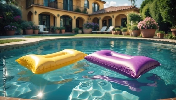 Fototapeta Two inflatable cushions, one yellow and one purple, float on the water's surface in the pool. Poolside accessories.