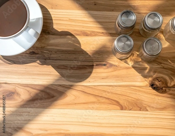 Fototapeta Flatlay of coffee cup and small glass jars on wooden table, sunlit.  Perfect for blog, website, or product background.