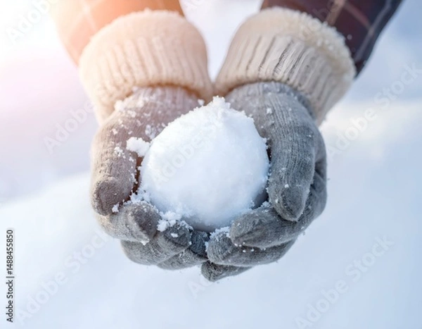 Fototapeta Hands in warm gloves hold a perfect snowball in winter.  A symbol of winter fun and snowy landscapes.