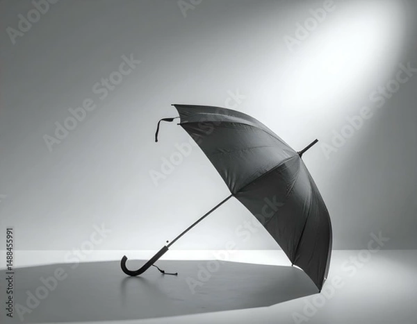 Fototapeta Black umbrella on a light grey background. Minimalist studio shot.