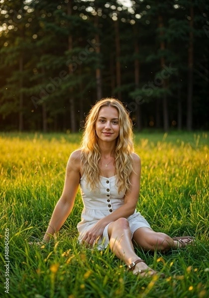 Fototapeta young woman sitting on the grass