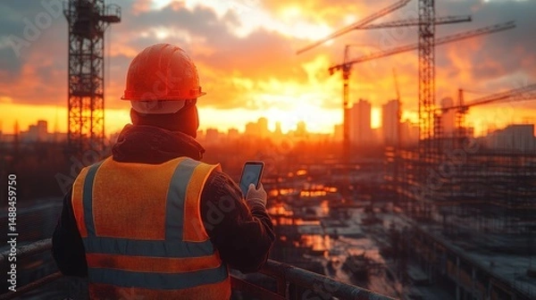 Obraz Construction worker checks phone at sunset