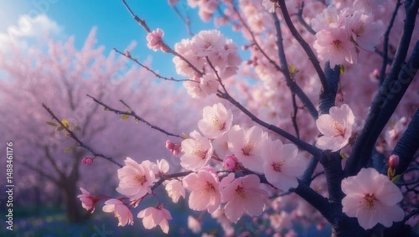 Fototapeta A dreamy sight of blossoming trees unfolds in spring, with lovely pink flowers embellishing the branches.