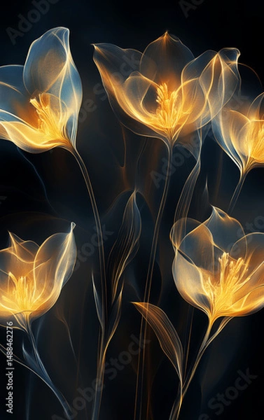 Fototapeta Abstract Glowing Flowers on Dark Background, Elegant Floral Design, Modern Art