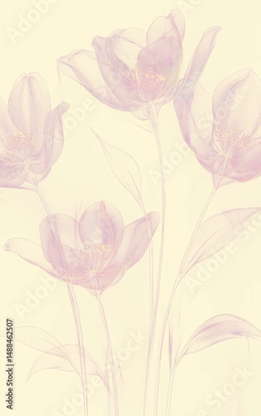 Fototapeta Elegant Floral Design, Abstract Pink Flowers with Delicate Line Art on Cream