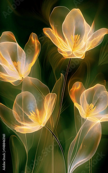 Fototapeta Abstract Glowing Flowers on Dark Green Background, Elegant Floral Design, Modern Art
