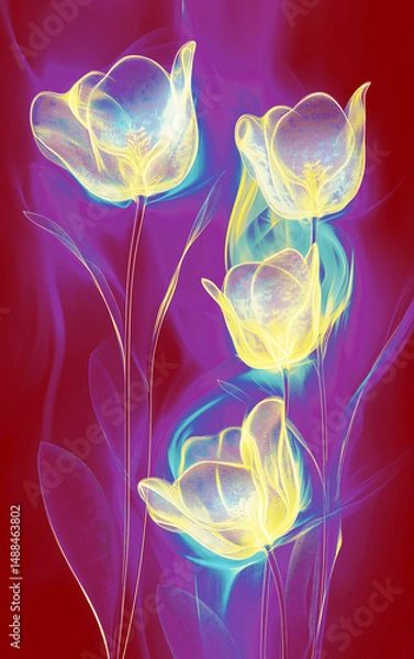 Fototapeta Abstract Glowing Tulips on Red and Purple Background, Floral Art