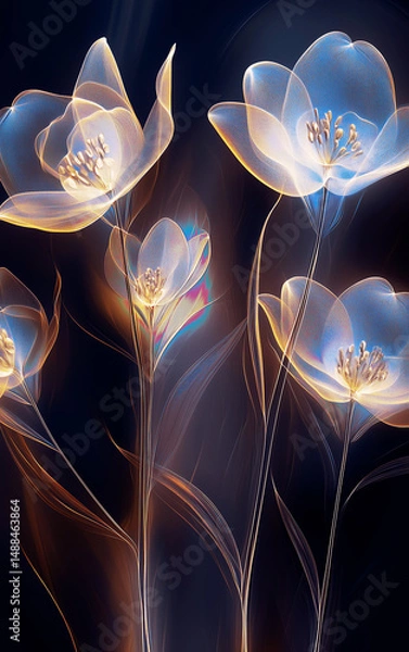 Fototapeta Abstract Glowing Flowers on Dark Background, Ethereal Floral Design, Modern Art