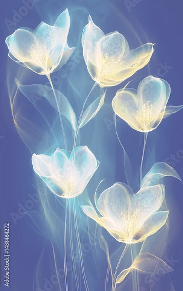 Fototapeta Abstract Floral Illustration, Translucent Flowers with Glowing Centers on Blue Background