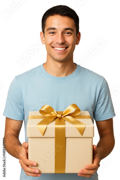 Fototapeta Smiling young man holding a gift box with golden ribbon, isolated on a transparent background
