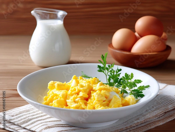 Fototapeta Scrambled eggs served in white bowl with fresh parsley garnish, jug of milk, and bowl of eggs on wooden table