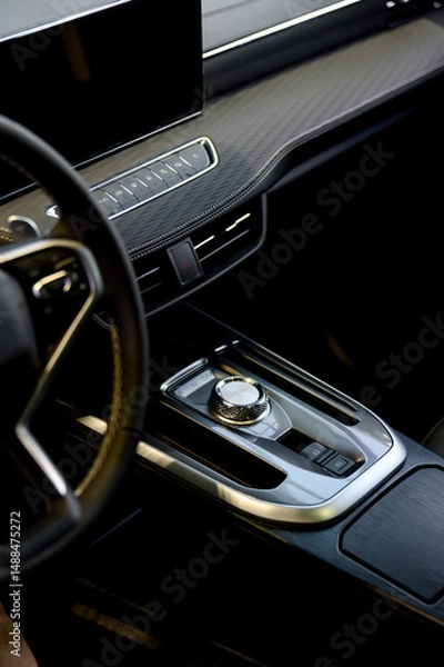Fototapeta Selector automatic transmission with leather in the interior of a modern car.