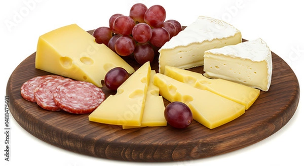 Fototapeta Gourmet Cheese Board: A beautifully arranged assortment of fine cheeses, grapes, and cured meats, a delightful culinary experience on a wooden board. isolated on white background