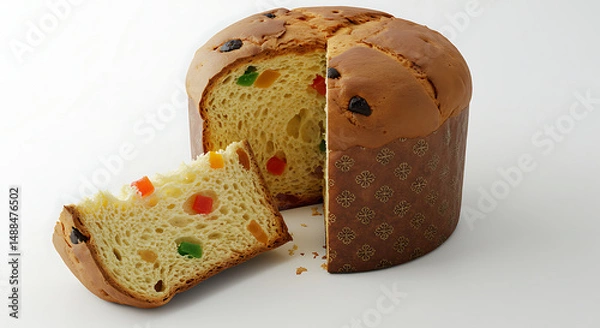 Fototapeta Panettone: A tempting view of Panettone, a traditional Italian sweet bread cake, partially sliced to reveal its airy interior, dotted with candied fruits and raisins, isolated on white background