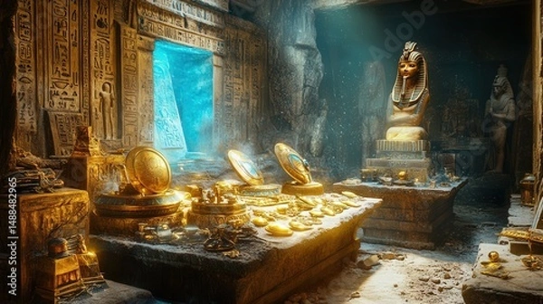 Fototapeta Ancient Pharaoh's Tomb Interior: Ornate Stone Chamber with Golden Treasures, Hieroglyphs, and Mystical Lighting.