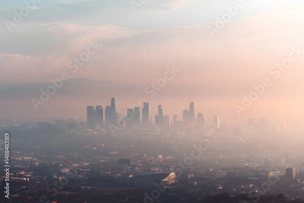 Fototapeta Misty Morning Over Los Angeles Skyline with Soft Hues and Glow