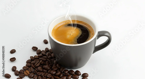 Fototapeta Aromatic Morning Brew: An inviting cup of freshly brewed coffee steams invitingly, surrounded by a scattering of rich, isolated on white background