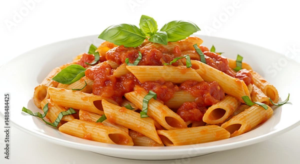 Fototapeta Pasta Delight: A beautifully arranged plate of pasta, generously adorned with vibrant tomato sauce and fresh basil leaves, isolated on white background