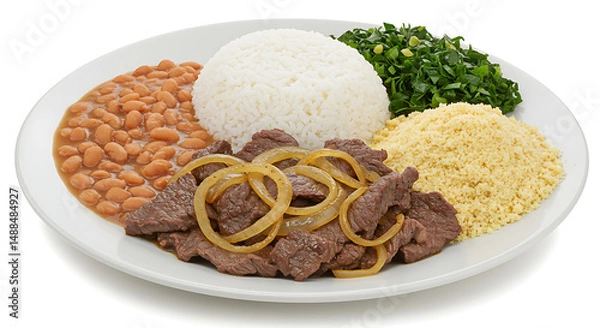 Fototapeta Brazilian Cuisine: A culinary composition featuring traditional components, with an appetizing presentation on a simple white plate, isolated on white background