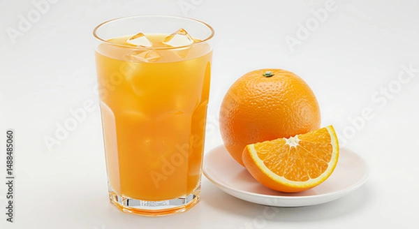 Fototapeta Citrus Bliss: A Refreshing Orange Juice Experience. A glass of vibrant orange juice, adorned with ice cubes, next to fresh oranges and a sliced wedge, isolated on white background
