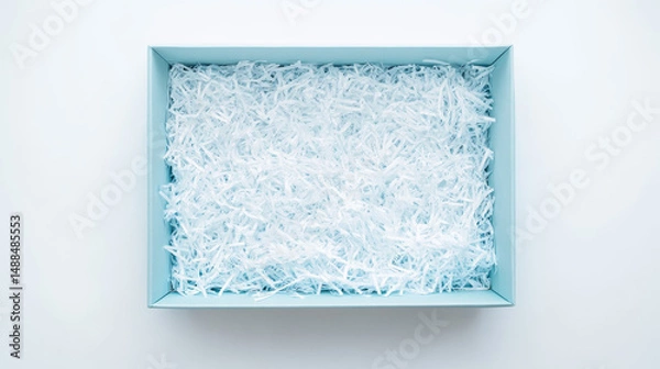 Fototapeta “Open blue cardboard gift box filled with shredded paper decorative fillers, placed on a white background. Flat lay, top view with ample empty space for product placement.”


