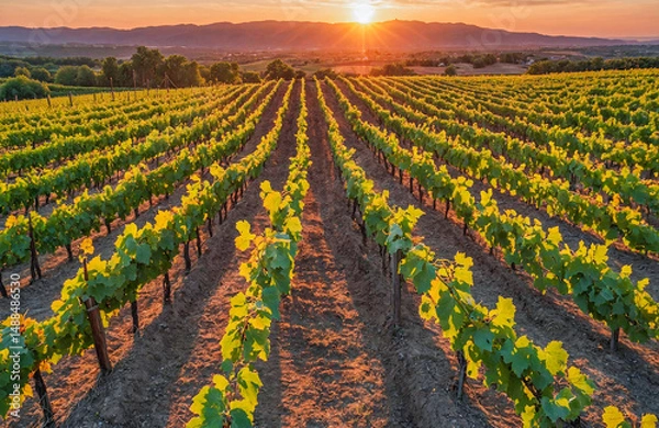 Fototapeta Golden Sunlight Illuminates Peaceful Vineyard Rows at Sunset Hour