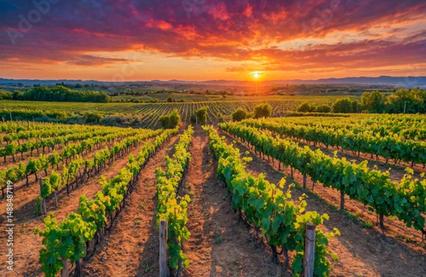 Fototapeta Golden Sunset Over Lush Vineyard Rows in Summer