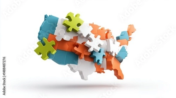Fototapeta Three Dimensional United States Map Puzzle with Colorful Pieces