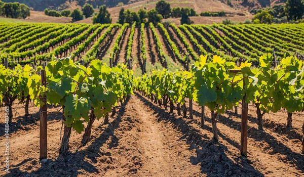 Fototapeta Sunlit Vineyard Rows Stretch Across Rolling Hills and Earthy Soil