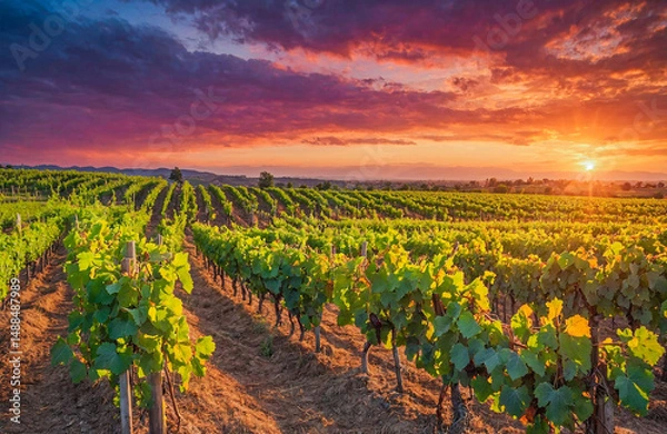 Fototapeta Sunset Light Illuminates Vineyard Rows Across Rolling Hills and Vines