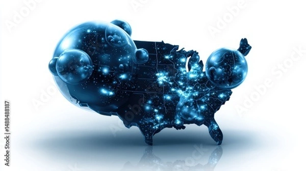 Fototapeta Abstract Glowing Blue Map of the United States with Data Connections