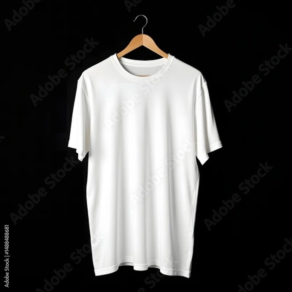 Fototapeta Minimalist White T-Shirt on Wooden Hanger Isolated on Black Background – Clean Fashion Mockup for Branding and Product Display