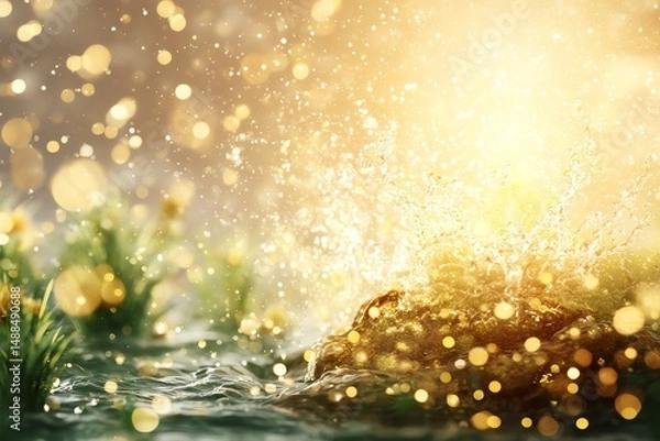 Fototapeta A magical scene of sunlight illuminating a sparkling stream surrounded by lush greenery, evoking a sense of wonder and tranquility in a nature setting.