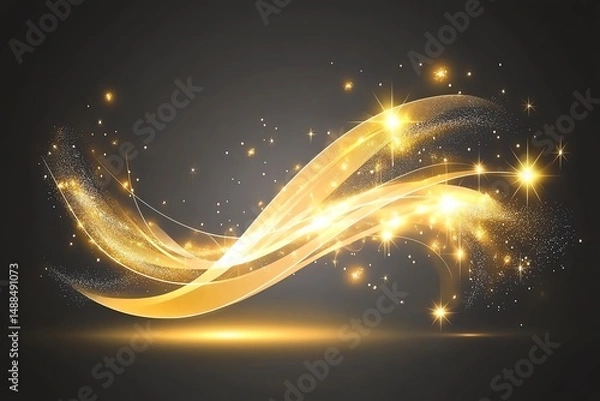 Fototapeta Abstract image of golden, glowing waves and sparkles on a dark background, creating a sense of elegance, mystery, and magic