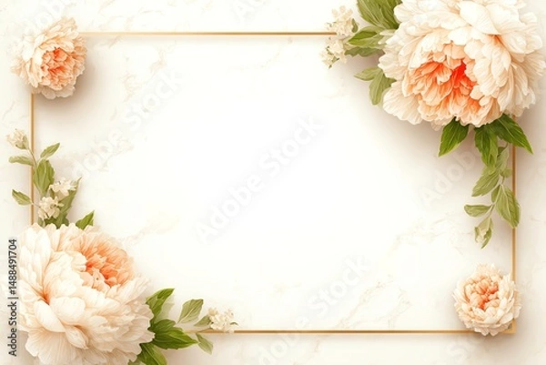 Obraz Elegant floral frame with soft pink peonies and green leaves on a marble background, ideal for invitations or decorative projects.