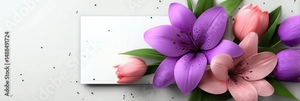 Obraz Elegant floral composition featuring vibrant purple lilies and pink tulips with a modern, minimalistic background. Perfect for springtime themes and botanical designs.