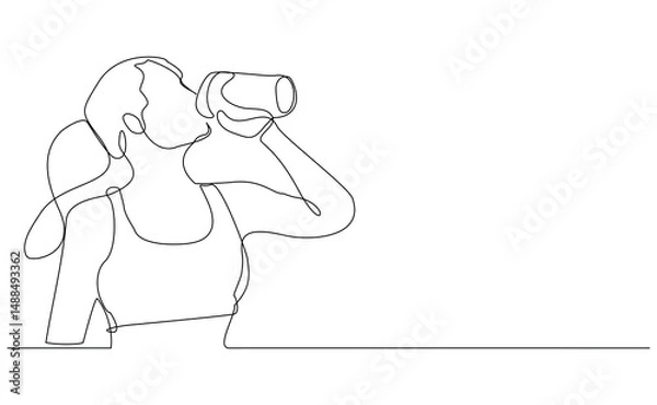 Fototapeta Continuous line drawing of sporty woman drink energy water from bottle. One single sketch art concept of healthy life style. Vector illustration editable stroke