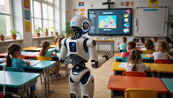 Fototapeta Humanoid Robot Teaching Students in a Modern Classroom with Interactive Digital Screen