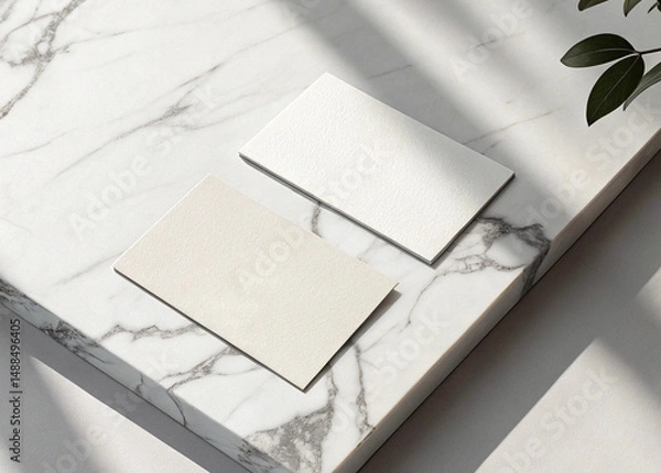 Fototapeta Minimalist branding mockup with two empty business cards on a marble surface, soft shadows and natural light