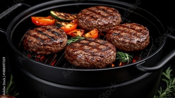 Obraz Grilling juicy beef patties with vegetables at a backyard barbecue gathering in summer