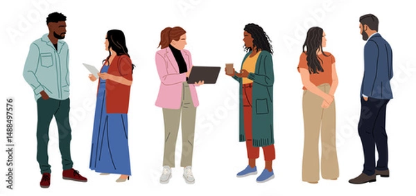 Fototapeta Different business team members standing, talking, communicating, taking part in business activities, meeting, brainstorming, coffee break. Multiracial people vector illustrations isolated.