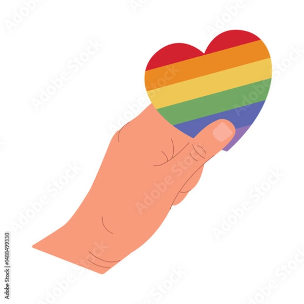 Obraz A hand holds a sticker in the shape of a heart. Pride Month. Hand drawing. Vector illustration.