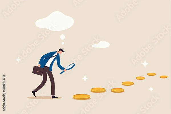Fototapeta Searching for investment opportunity, financial success or salary raise, inspect way to make profit and earning concept, curios businessman with magnifier inspect and follow money coins trail.