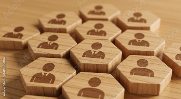 Fototapeta Wooden hexagons with person icons representing teamwork collaboration or human resources.