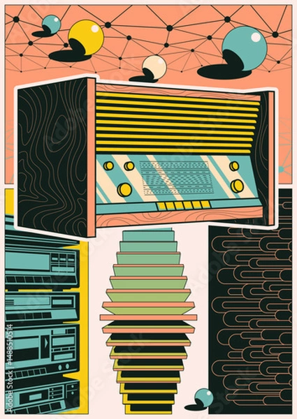 Obraz Abstract Poster 1970s - 1980s Style. Retro Radio, Stereo Systems. Geometric Shapes, Space Background, Vintage Colors 