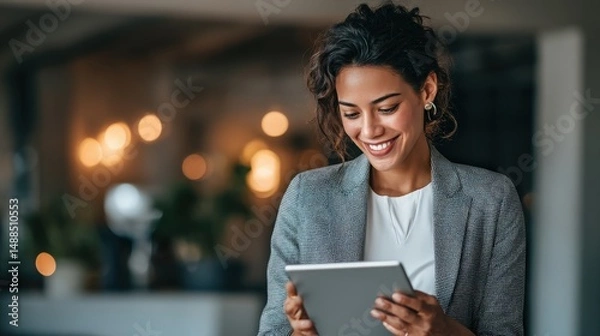 Fototapeta Cheerful businesswoman smiling while engrossed in tablet device during ai recruitment process in modern office